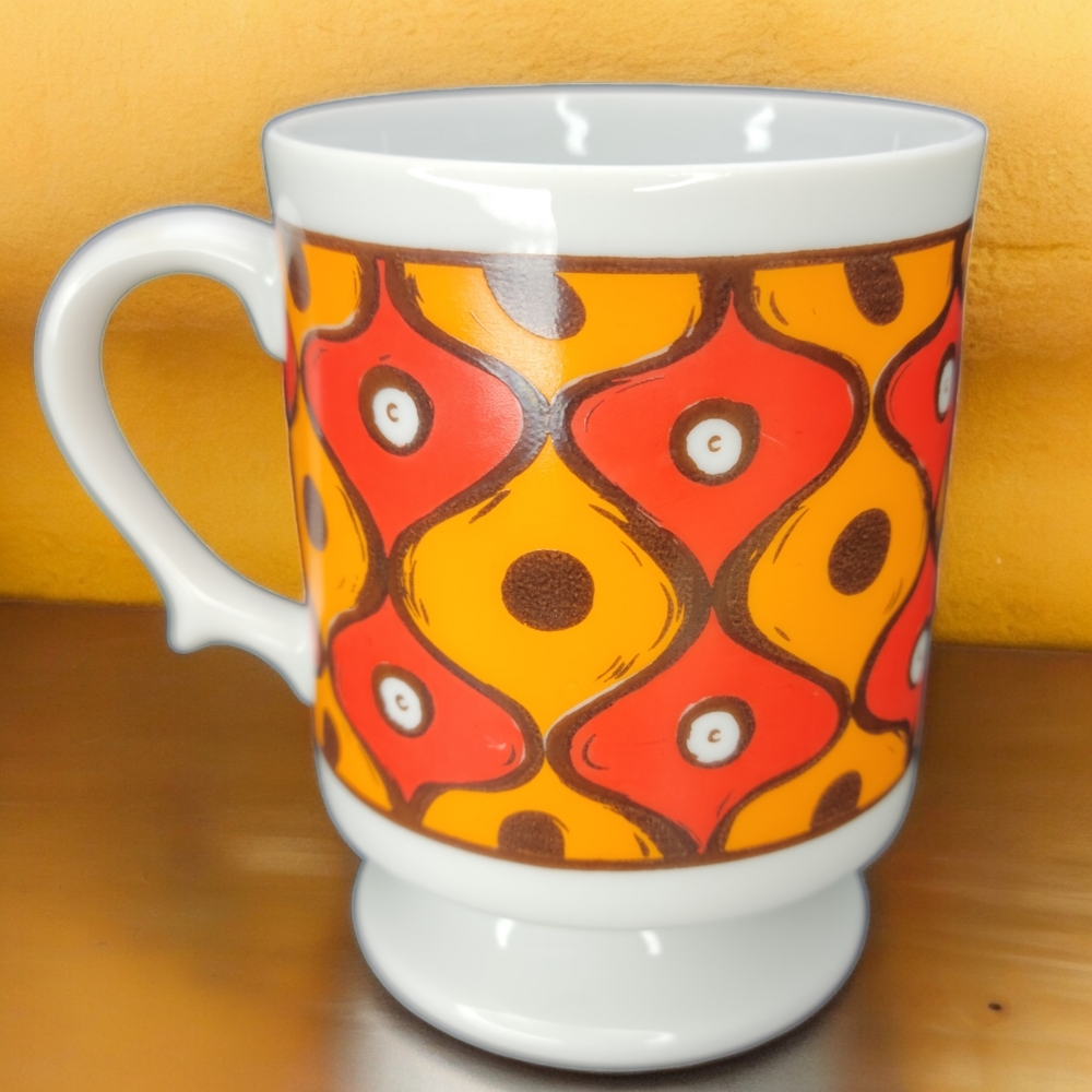 Vtg. MCM Holt Howard Design Orange Ikat Pedestal Coffee Mug Porcelain Japan 1966